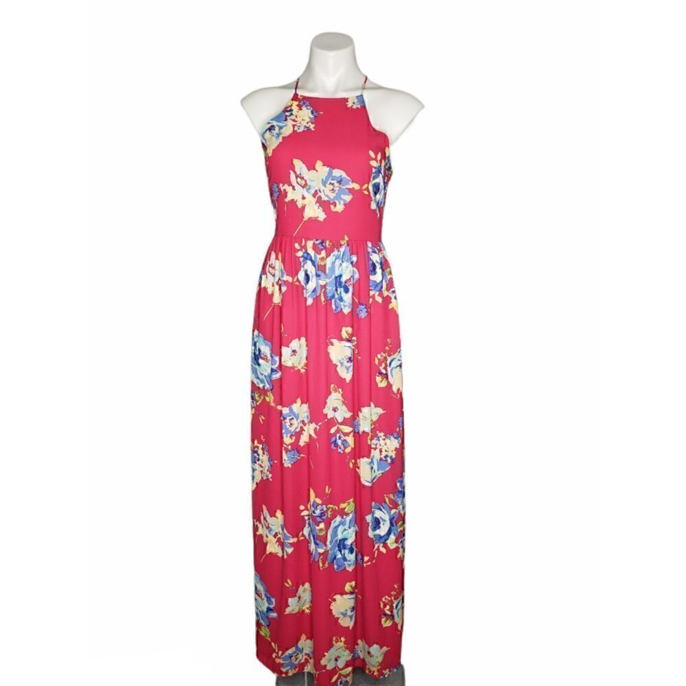 Everly Pink Floral Halter Maxi Dress Boho Summer Vacation Small - Picture 2 of 6